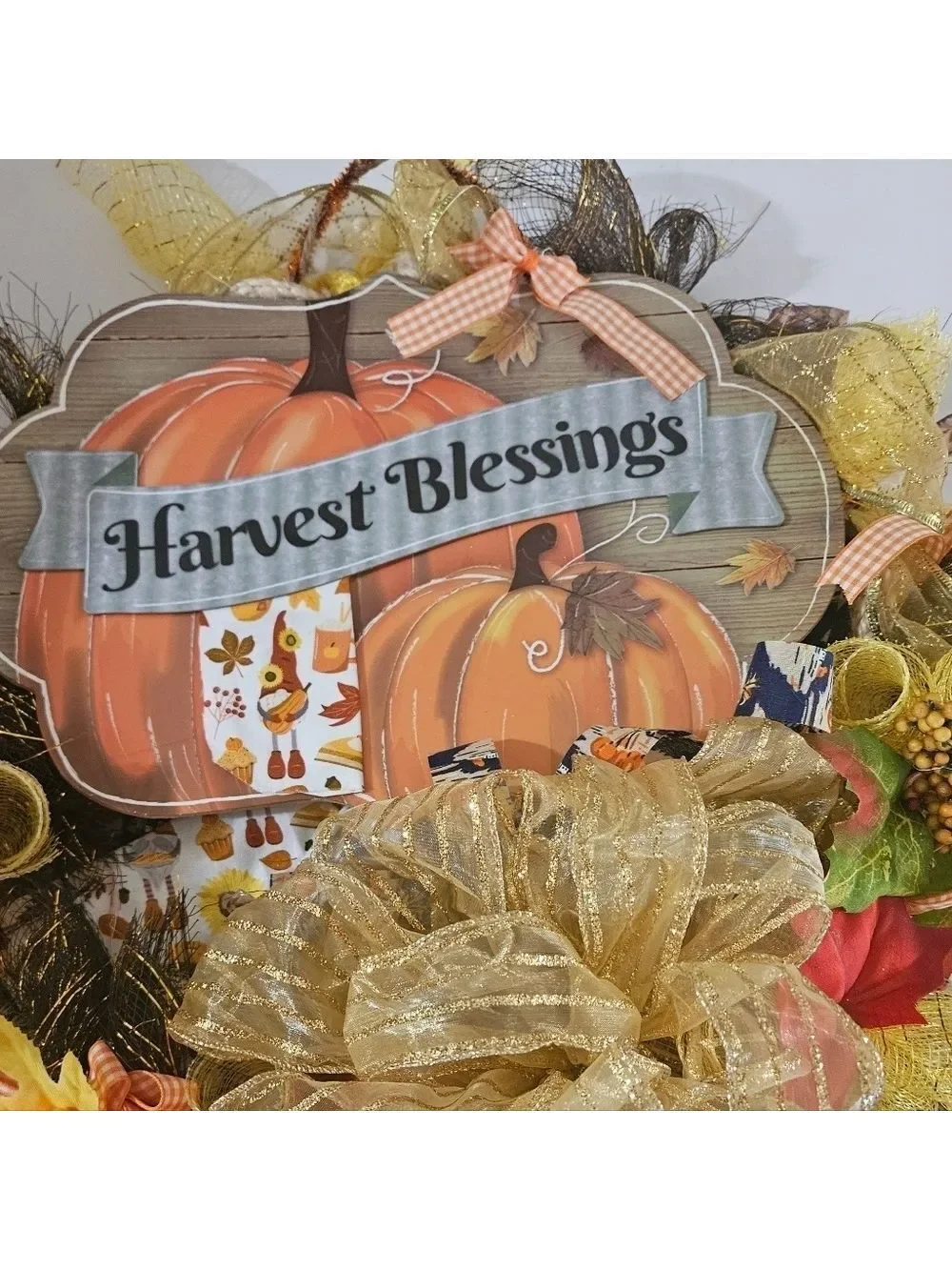 Hand Crafted handmade holiday wreath Harvest Blessings Gnome fabric plaid ribbon